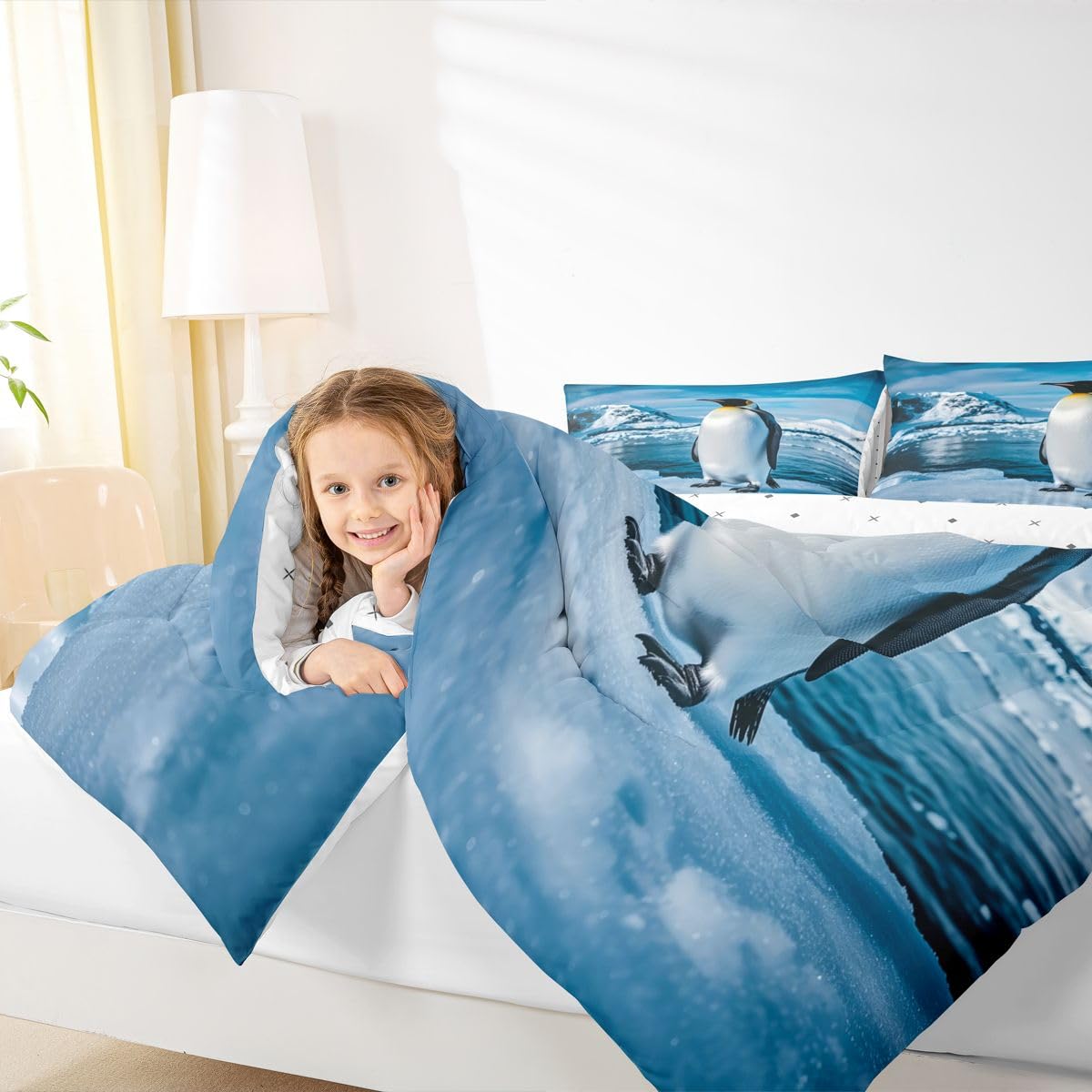 Erosebridal Penguin Kids Comforter Sets Glacier Snow Queen Bedding Set for Boys Girls Cloud Blue Sky Wild Animals Print Comforter Set,Antarctica Landscape Quilt Duvet 3 Pcs