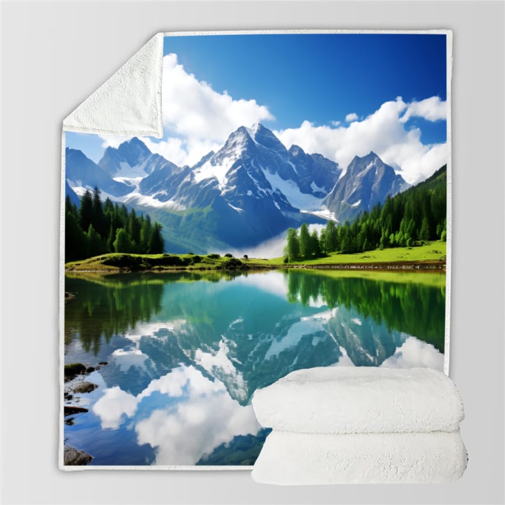 PAOABIU Alps Mountain Blanket Throw, Idyllic Summer Throw Blanket for Couch, Clear Lake Breathable Warm Bed Throw, Natural Landscape Lightweight Fleece Blanket Kids 30"x 40" Camping & Travel Blanket