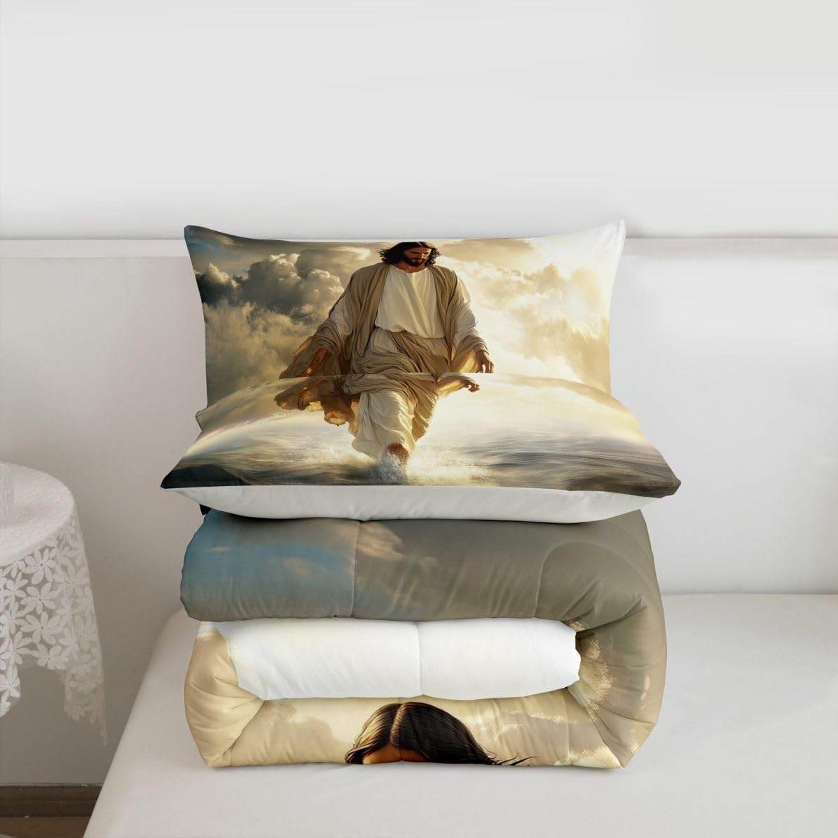God Walking on Water Kids Comforter Set Twin Size,Western Faith Bible Verse Bedding Set Boys Girls Room Decor,Spiritual Artwork Quilt Comforter,Yellow Gray Duvet Set Bedroom Quilt Set,1 Pillowcase