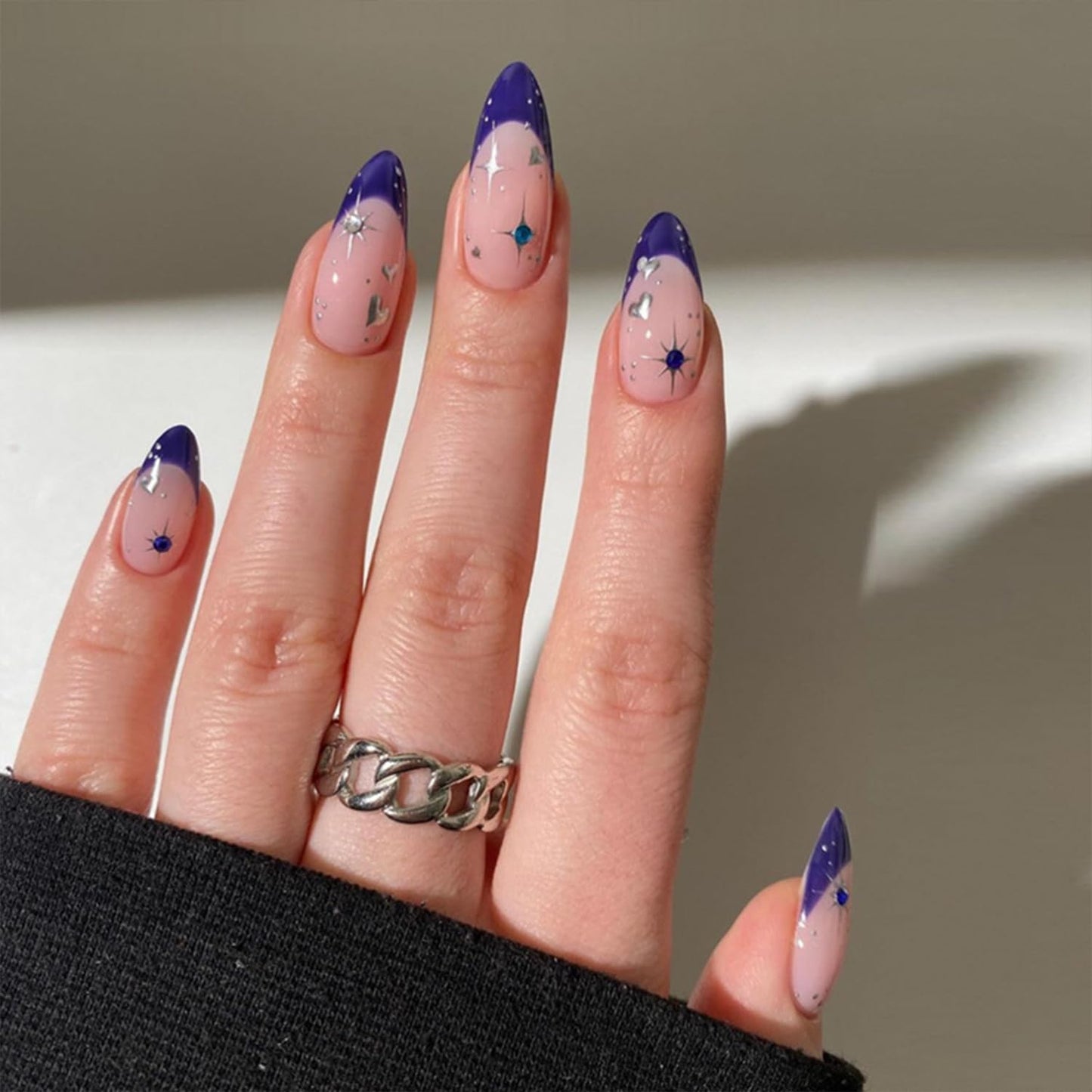 Medium Almond Press on Nails Blue French Tip Fake Nails with Star Rhinestone Designs Glossy Full Cover Stick on False Nail Set for Women 24 Pcs