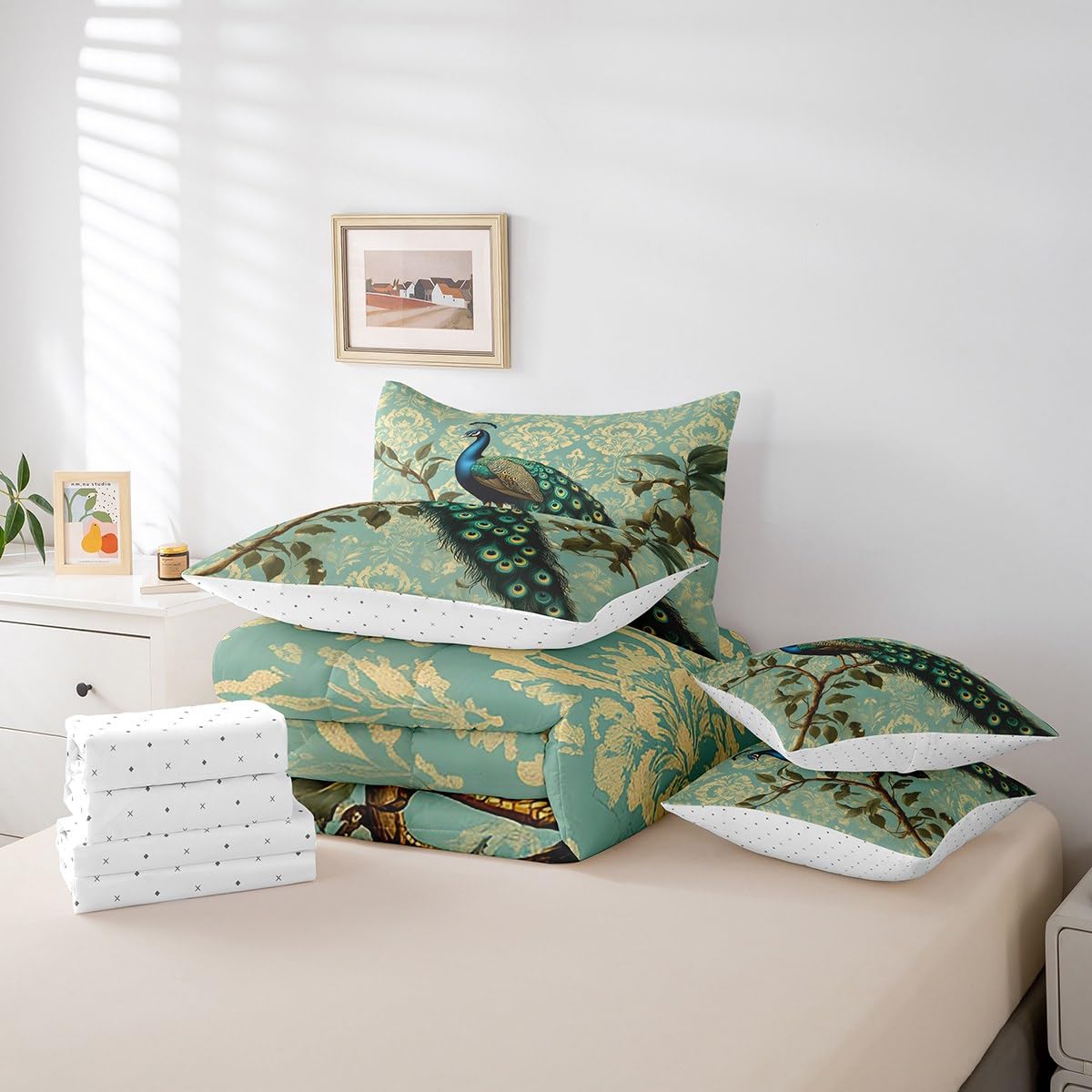 Erosebridal Peacock Comforter Set King Size,Retro Damask Floral Bedding Set for Kids Teens,Peacock Feather (Comforter+Fitted+Flat Sheet+2 Pillowcases+2 Throw Pillow Covers) 7 Pieces Bed Set