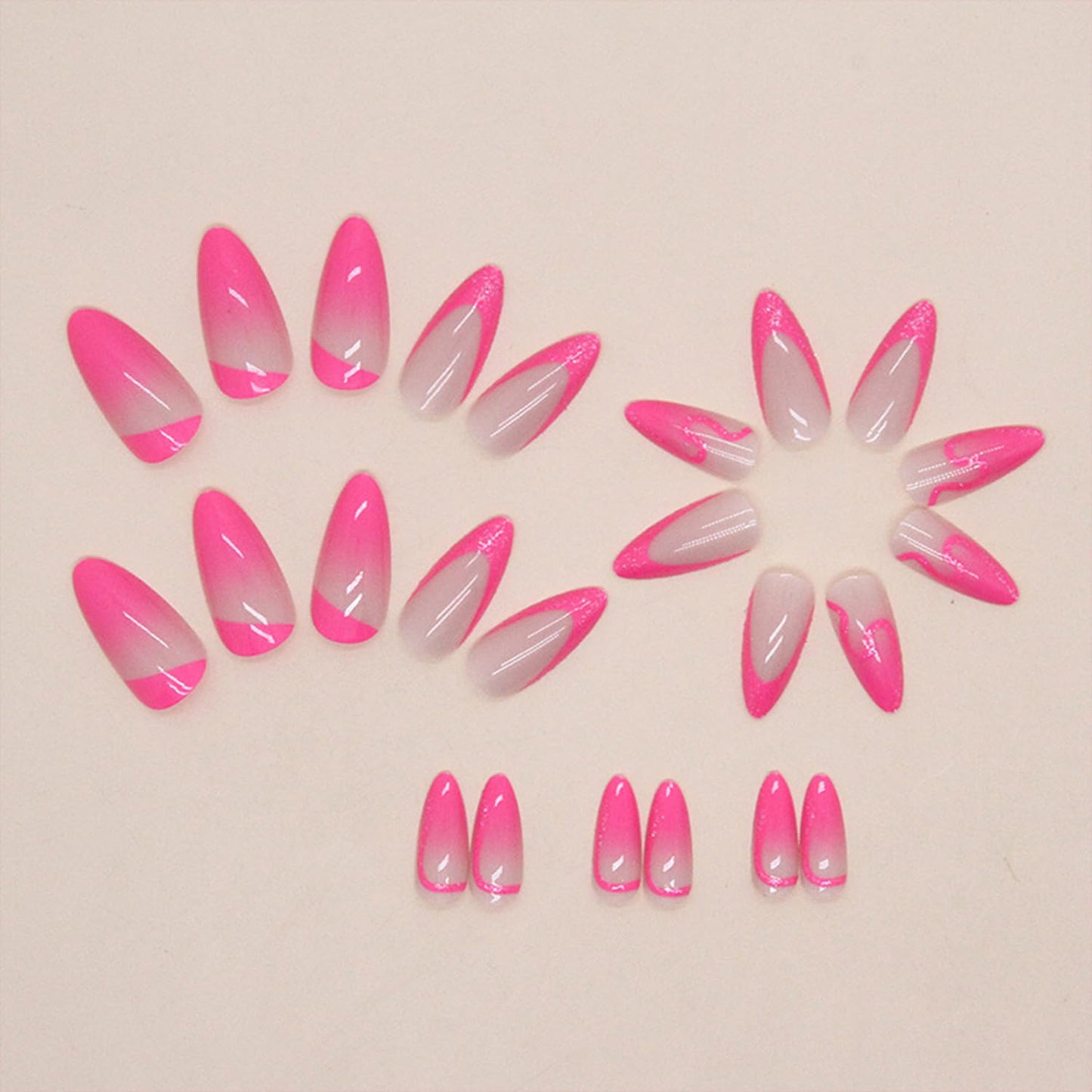 Hot Pink Gradient French Tip Press on Nails Medium Almond Fake Nails Pink Glitter Designs False Nails Full Cover Stick on Nails Reusable Acrylic Artificial Nails Glue on Nails for Women 24Pcs