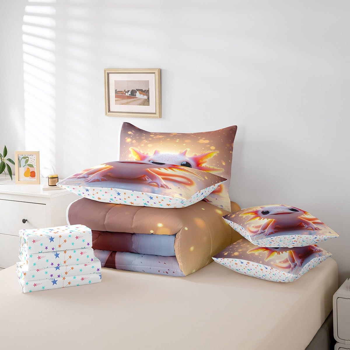 Feelyou Kids Cute Axolotl Comforter Set with Sheets Twin Size, Cartoon Salamander 7 Pieces Bedding Set Boys Girls Kawaii Animal Bed in A Bag Ocean Sealife Teens Bed Set Bedroom Decor 7Pcs