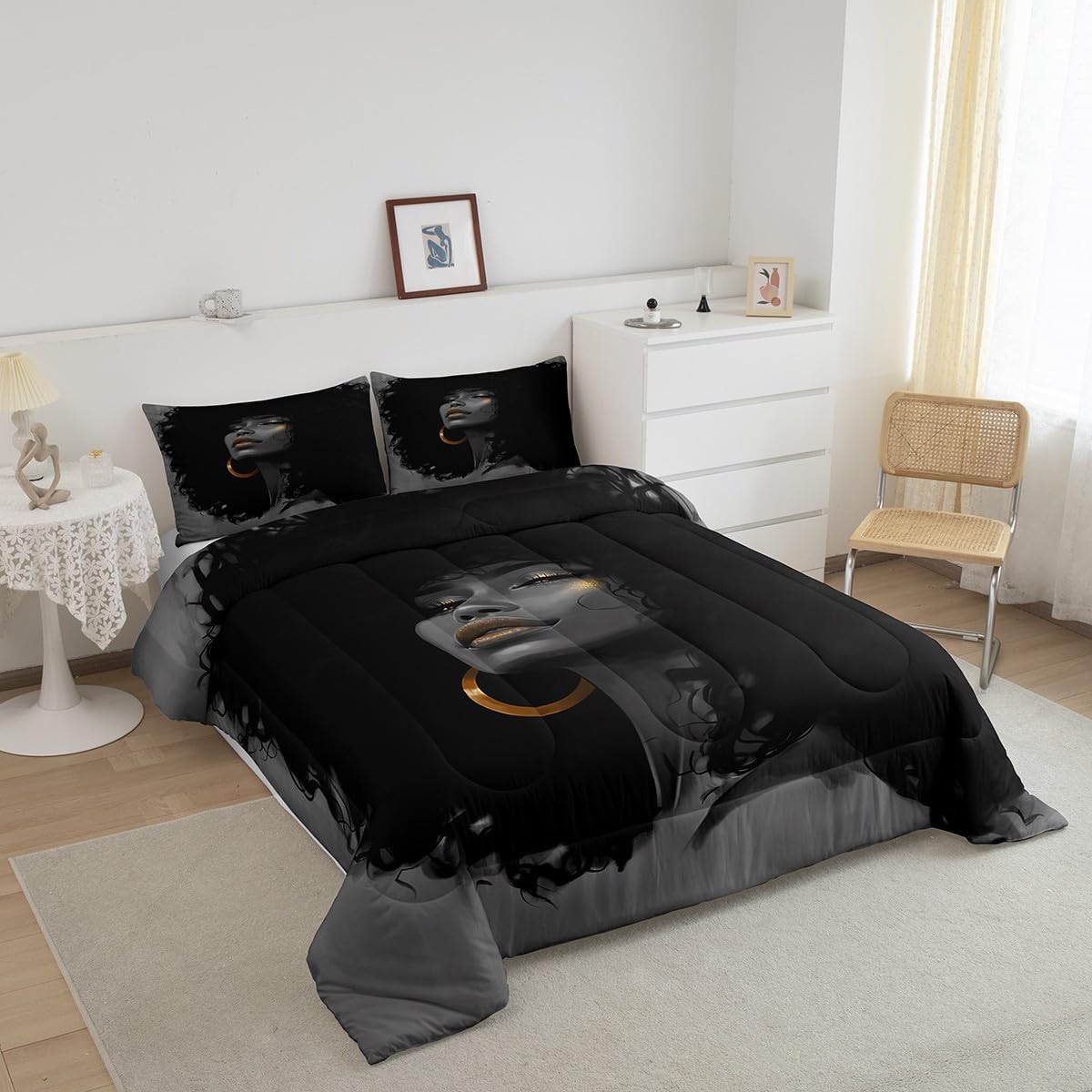 African Style American Woman Comforter Set Queen Size,Afro Pretty Princess Bedding Set,Black Cute Girls Quilt Set for Kids Girls Teens Room Decor Fashion Beauty Style Duvet Insert 3Pcs,2 Pillowcases