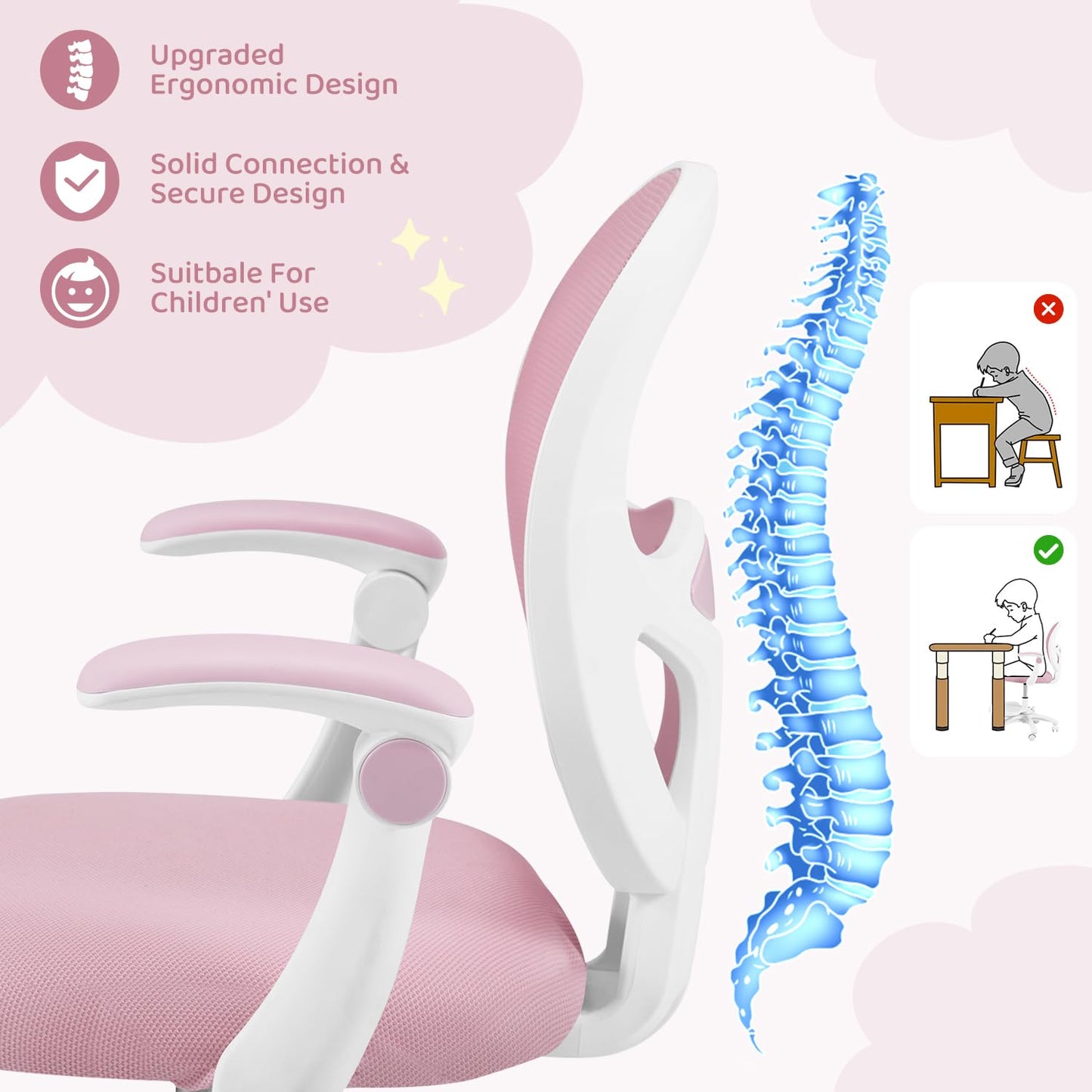 HOMMOW Kids Desk Chair,Ergonomic Study Chairs with Adjustable Height,Breathable Mesh Removable,Non-Slip Footrests,Suitable for Girls Aged 5-12 Years Old,Pink