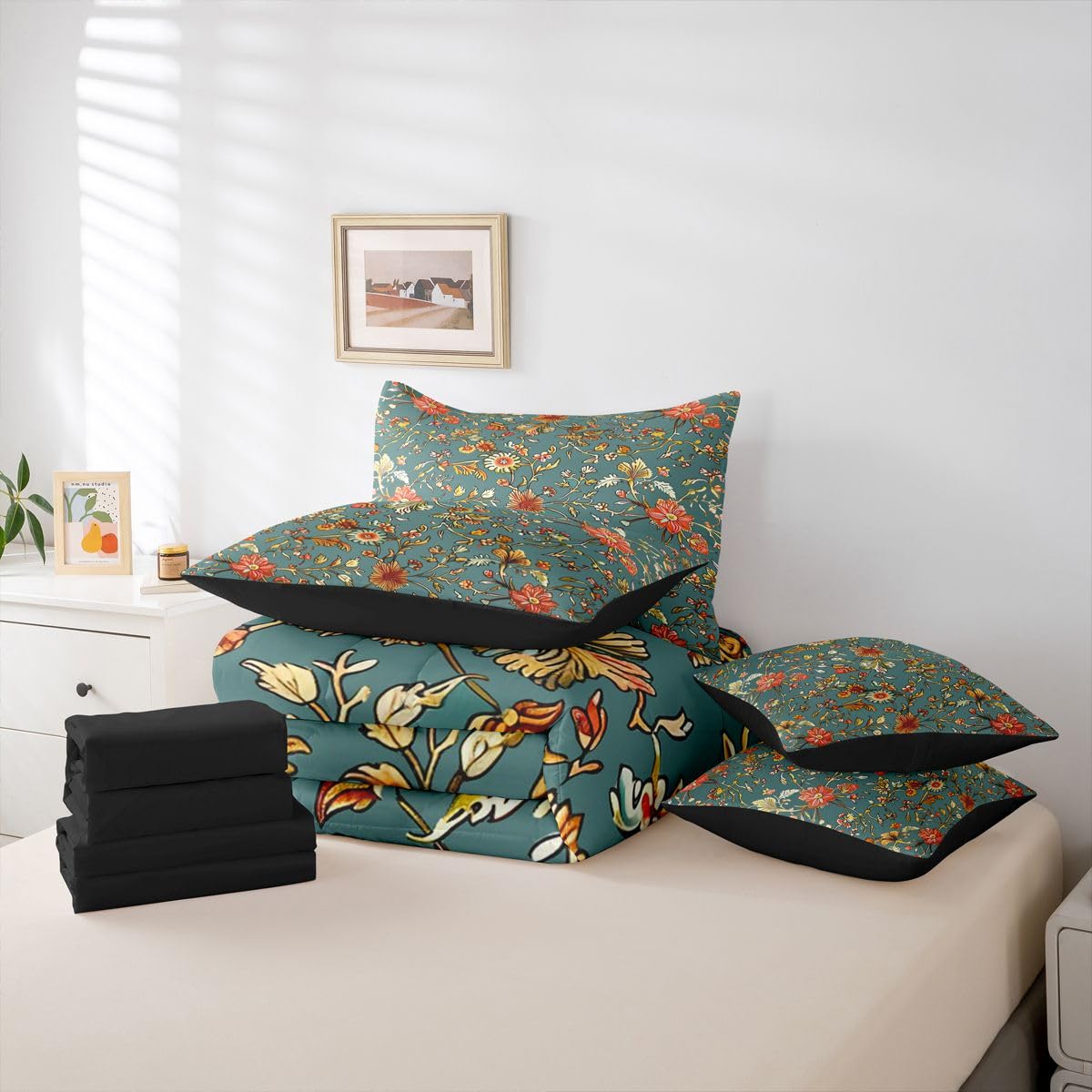 Erosebridal Flowers 7 Piece Bedding Set Twin Abstract Comforter Set with Sheets Botanical Petals Bud Daisy Farmhouse for Kids Boys Girls Hand Drawn Plants Floral Theme Bed in a Bag