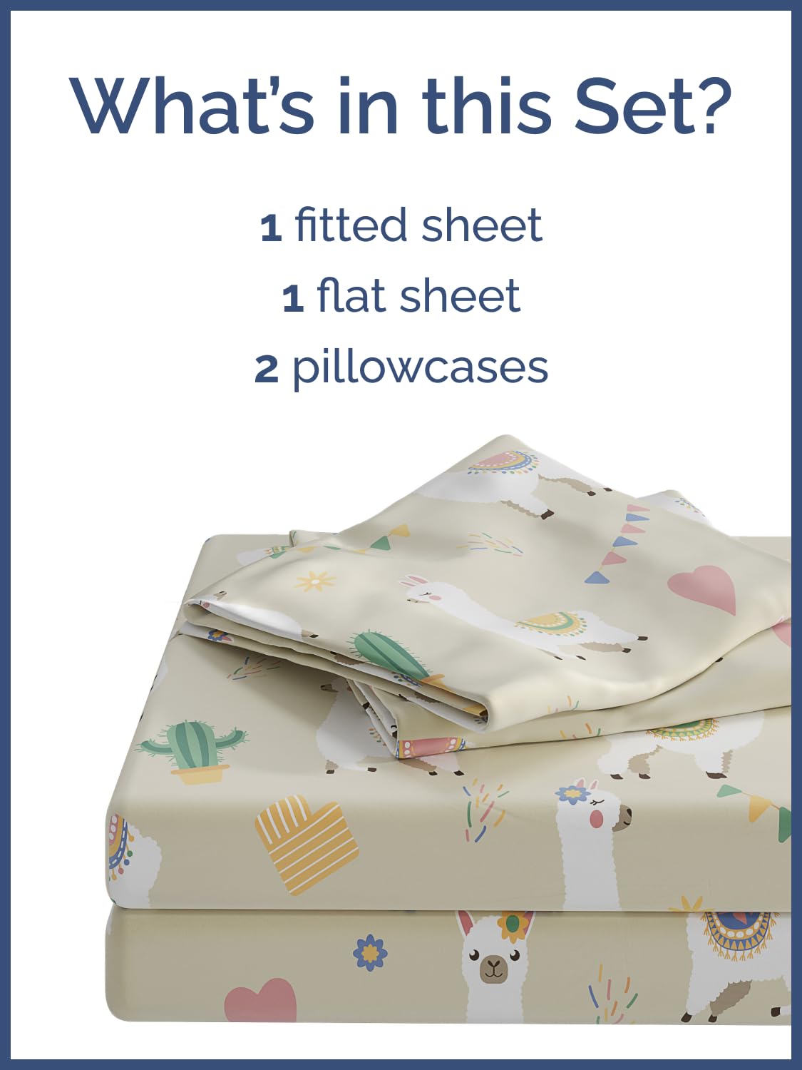 Kids Queen Size Bed Sheet Set - 4 Piece Kids Loft Bed Sheets - Llama Alpaca Cactus Themed Bedding - Soft, Cute - Breathable and Machine Washable - Cute Animal Bed Set for Boys, Girls, Teens & Toddlers