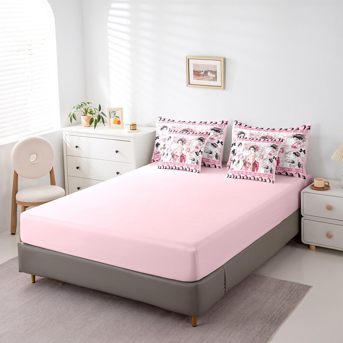 Feelyou Japanese Geisha Comforter Set Twin Size 7 Pieces Cherry Blossoms Kids Boys Girls Bowknot Bedding Set Pink Japanese-Style Plaid Bed in a Bag with Comforter, Sheets, Pillowcases & Cushion Cover