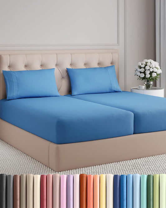 Split King Size 5 Piece Sheet Set - Comfy Breathable & Cooling Sheets - Hotel Luxury Bed Sheets for Women & Men - Deep Pockets, Easy-Fit, Soft & Wrinkle Free Sheets - Royal Blue Oeko-Tex Bed Sheet Set