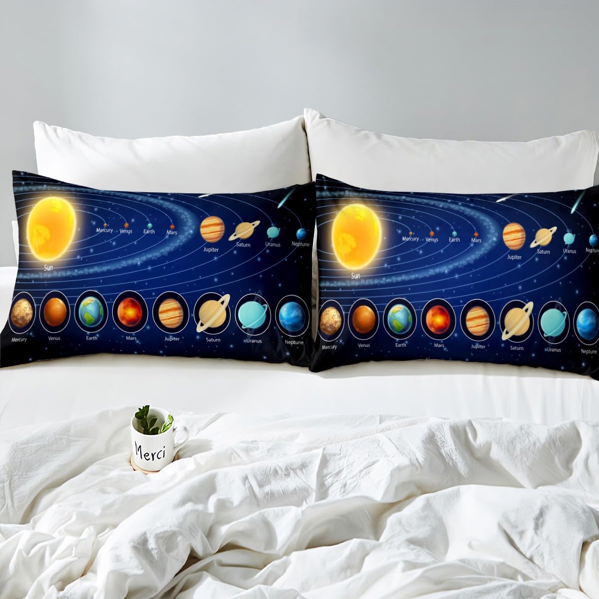 Feelyou Solar System Fitted Sheet Space Galaxy Bed Sheet Set Eight Planets Astronomy Bedding Queen Size Includes 1 Sheets & 2 Pillowcases (No Flat Sheet)