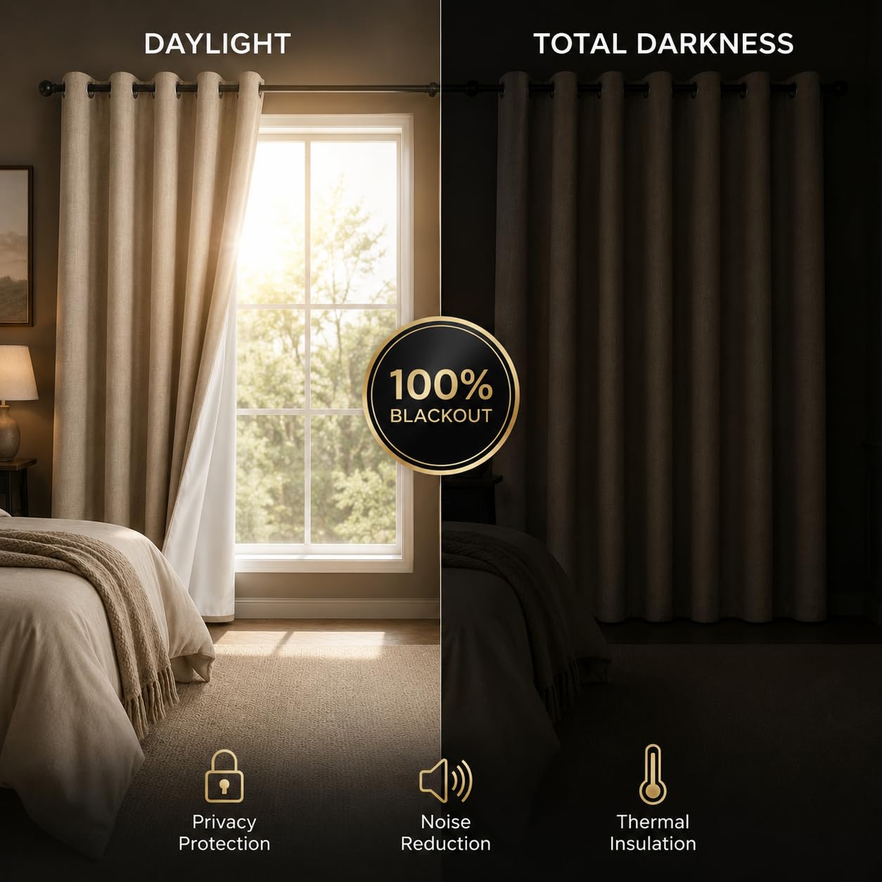 Fchozu 100% Blackout Curtains Set of 4 Panels, Grommet Drapes, Thermal Insulated and Noise Reducing Room Darkening Curtains for Bedroom Living Room