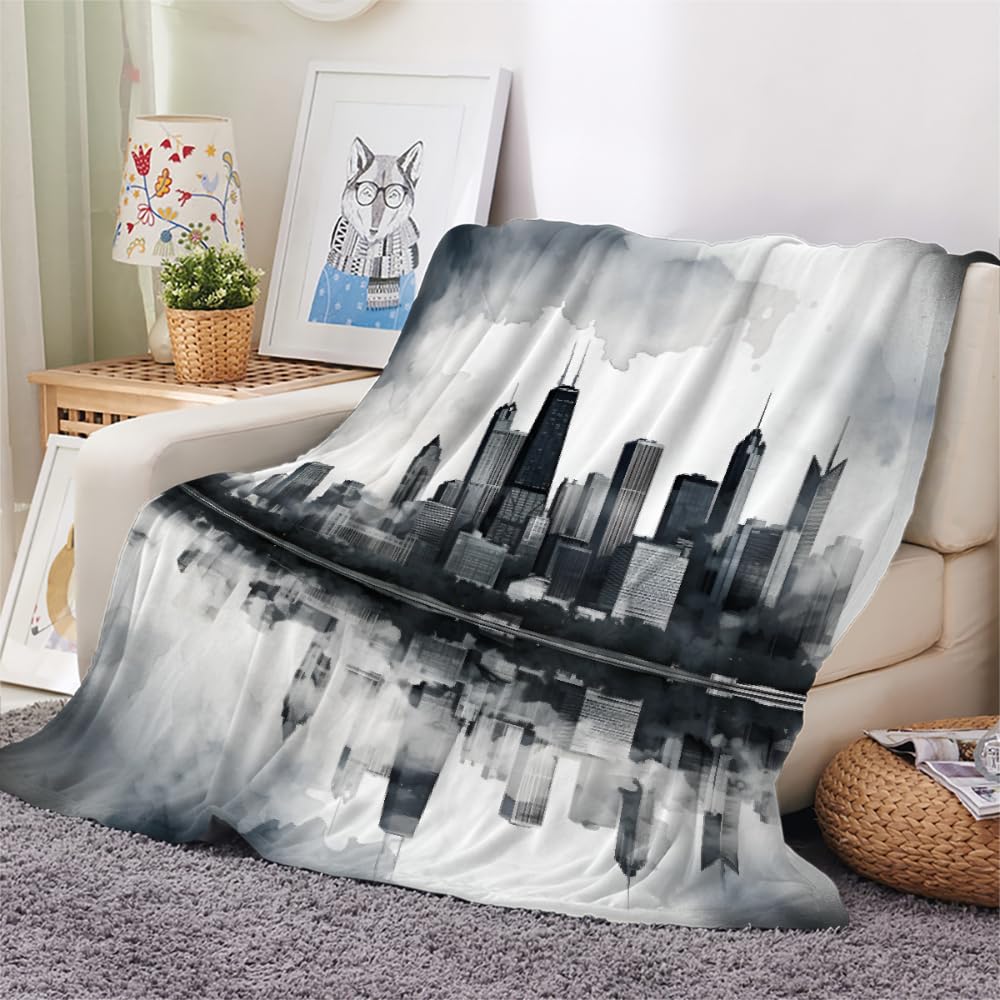 PAOABIU City Skyline Blanket Throw, Metropolis Panorama Throw Blanket for Couch, Modern Breathable Bed Throw, Grey Multicolor Lightweight Fleece Blanket Kids 30"x 40" Camping & Travel Blanket