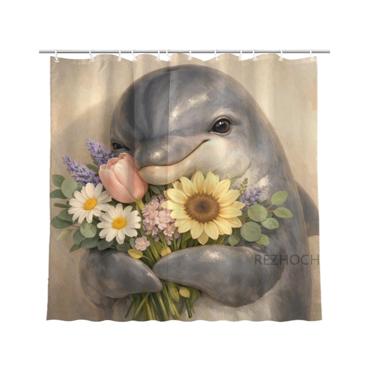 REZHOCH Funny Dolphin Shower Curtain 72x72 Inch Cute Animal Holding Flowers Home Bathroom Decor Floral Modern Art Minimalist Style Kids Waterproof Fabric Bath Set with Hooks