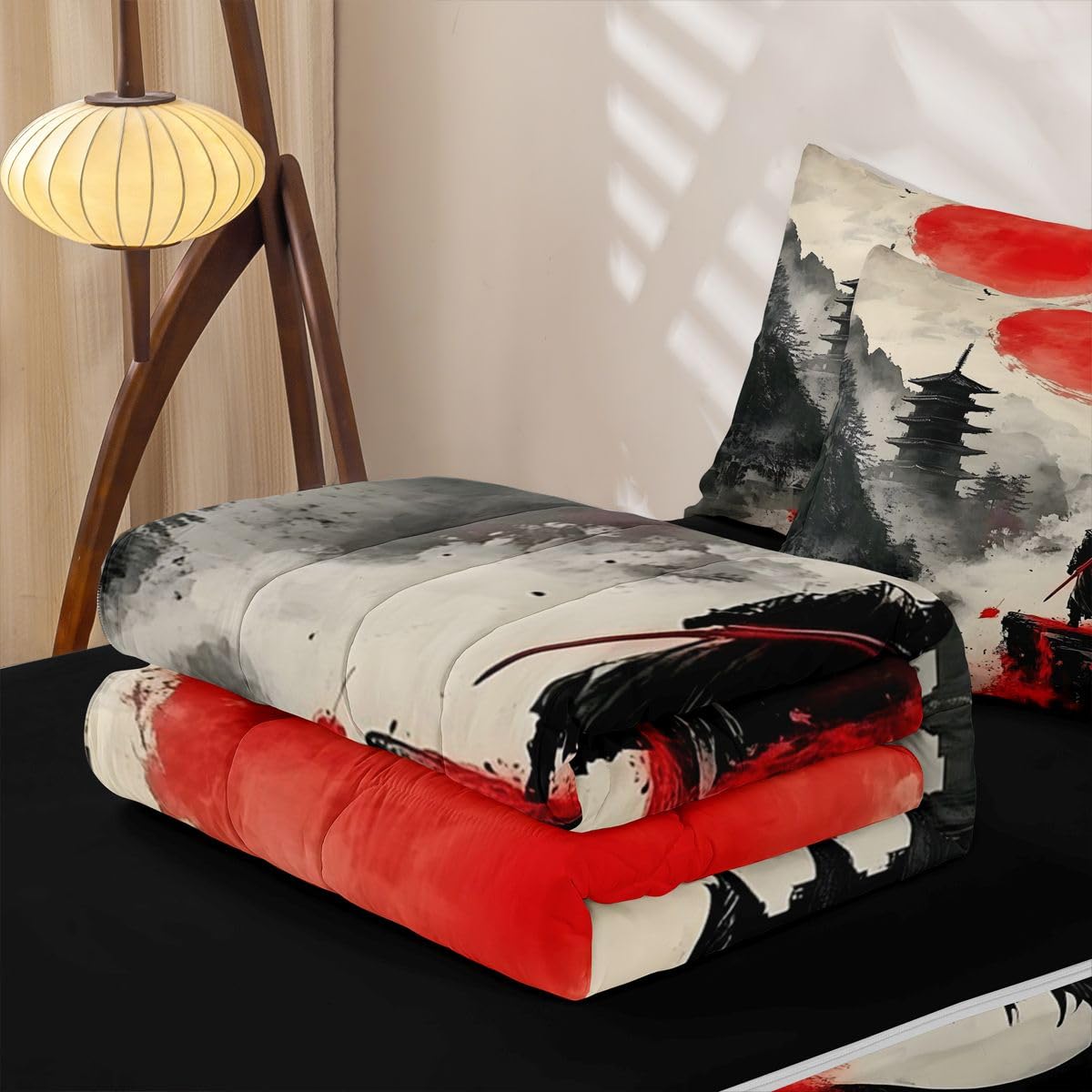 Erosebridal Japanese Theme Kids Bedding Set Full Samurai Dragon Zipper Comforter Set for Boys Girls Teen Black and Red Zip Up Bedding Retro Sun Mountain Bed in a Bag Set with Fitted Sheet