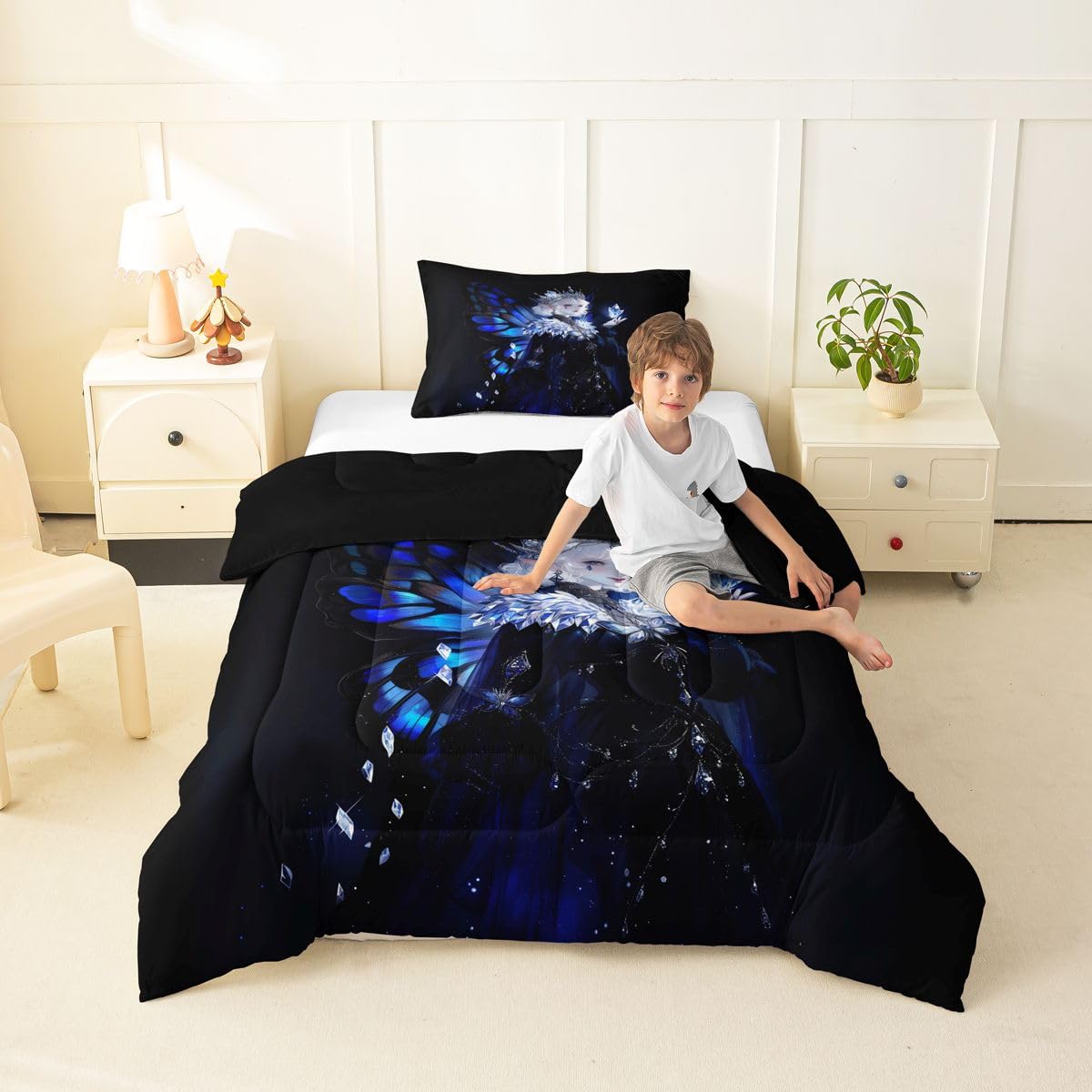 Erosebridal Gothic Girls Comforter Set for Kids Boys Girls A Girl Wearing A Crown Bedding Butterfly Diamond Feather Print Duvet Set Coquette Princess Comforter Twin with 1 Pillowcase