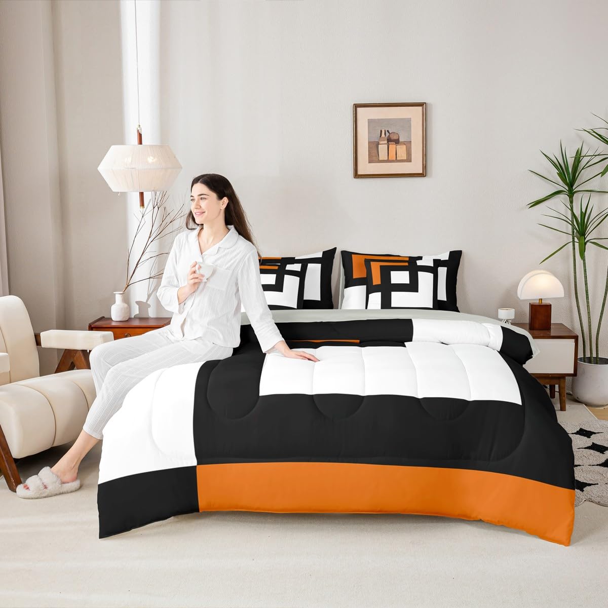 Erosebridal Blue Black and White Striped King 7-Piece Bedding Set for Adult Women Men Square Abstract Comforter Set Modern Geometric Stripes Bold Lines Bed in a Bag Plaids Bed Collections
