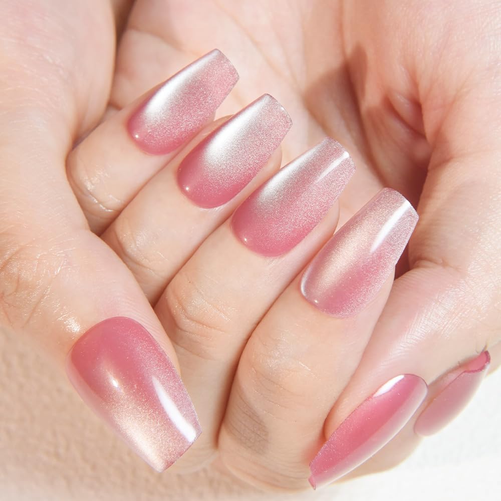 evpct Pink Cat Eye Press on Nails Square Medium Coffin No Glue, Medium Square Stick on Nails for Women, Plum Pink Metallic Glitter Glossy Reusable Spring Summer Press on Acrylic Fake Nail with Design