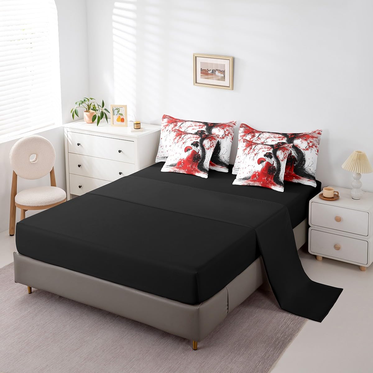Erosebridal Aesthetic Japan Geisha Comforter Set Twin,Red Cherry Blossom Bedding Set 7Pcs for Kids Teens Adults,Japanese Woman Kimono Quilt,Tradition Ukiyoe Bed in a Bag