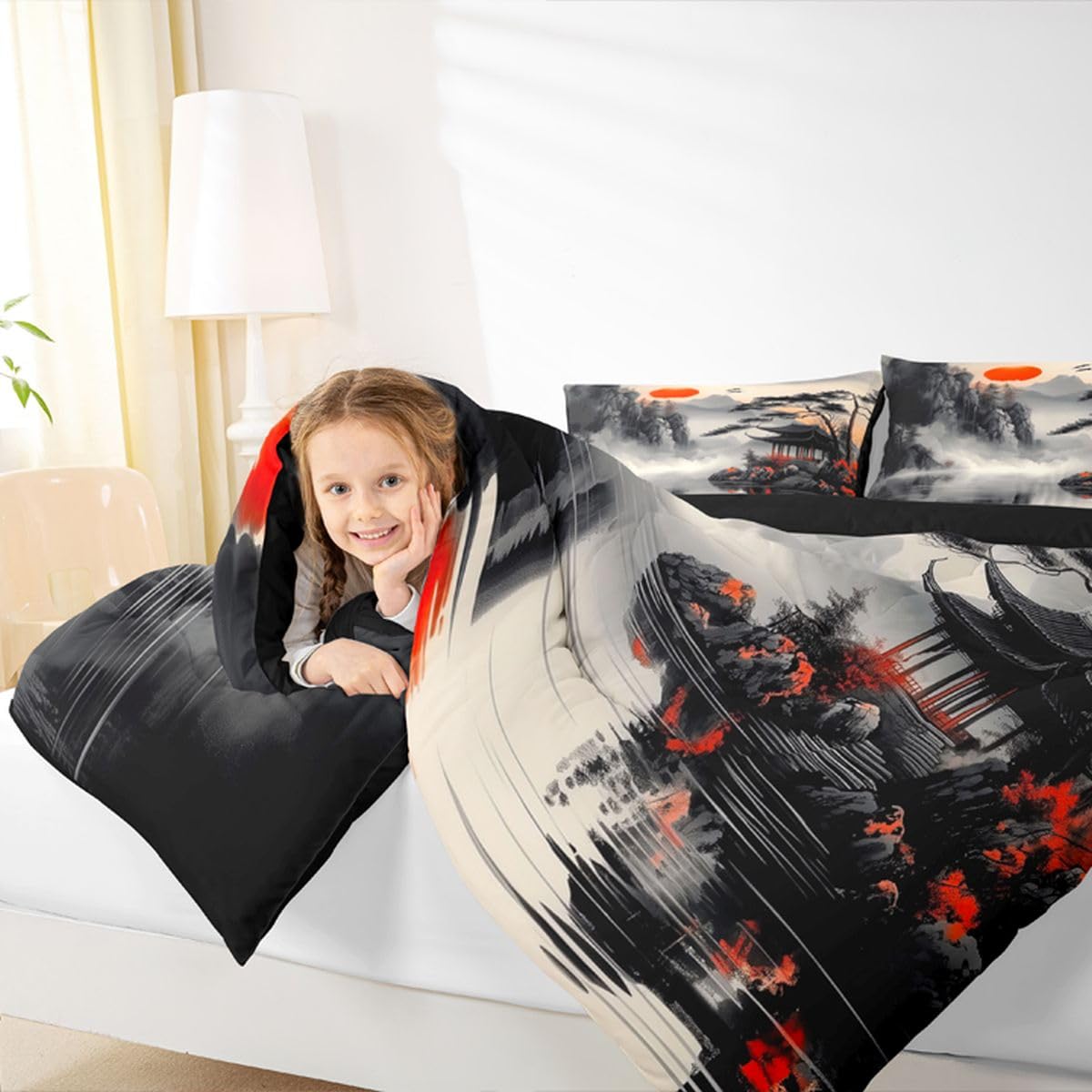 jejeloiu Chinese Ink Painting Comforter Set Queen Size Japanese Style Bedding Set for Kids Boys Girls Red Sun Mountain Duvet Quilt Bedroom Decor Microfiber 3 Pcs with 2 Pillow Cases