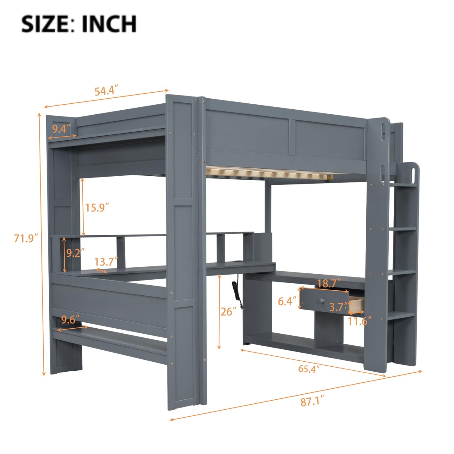 HRJHLucky Full Size Wood Gaming Loft Bed with Desk, Storage Shelves, LED and Charging Station (Full)
