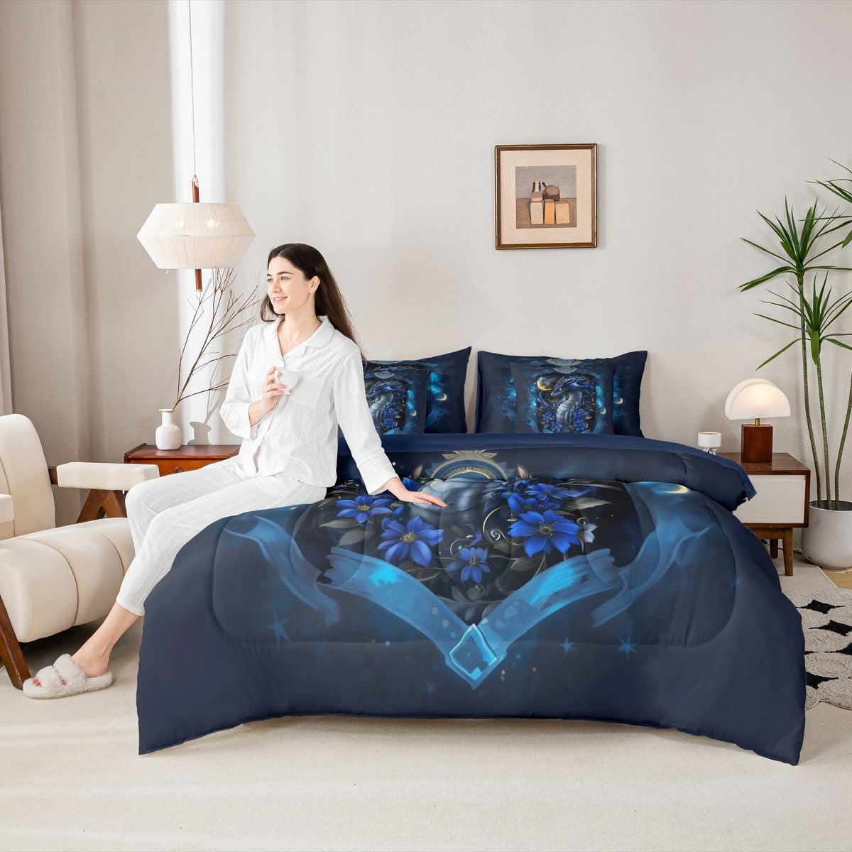 Feelyou Dragon Twin Comforter Set with Sheets for Kids Boys Girls Wild Life 7 Pieces Bedding Set Jungle Dragon Bed in a Bag Wild Animal Room Decor Dull Blue Soft Lightweight Microfiber
