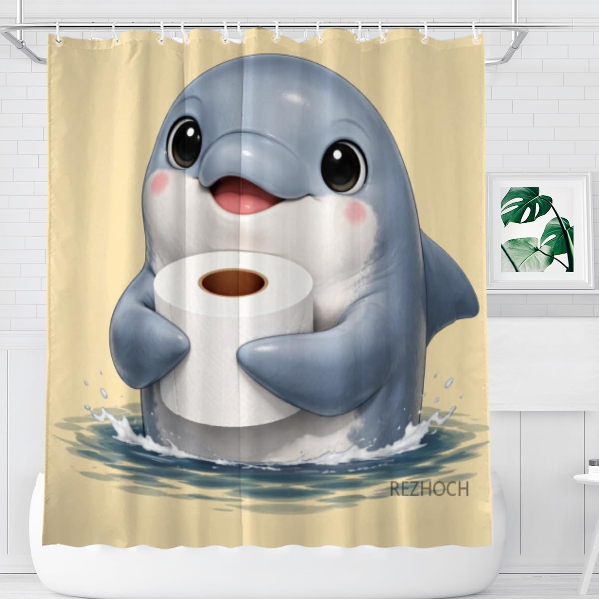 REZHOCH Funny Dolphin Shower Curtain 72x72 Inch,Cute Animal Holding Toilet Paper,Humor Art Home Bathroom Farmhouse Decor,Waterproof Fabric Bath Curtain Set with 12 Hooks