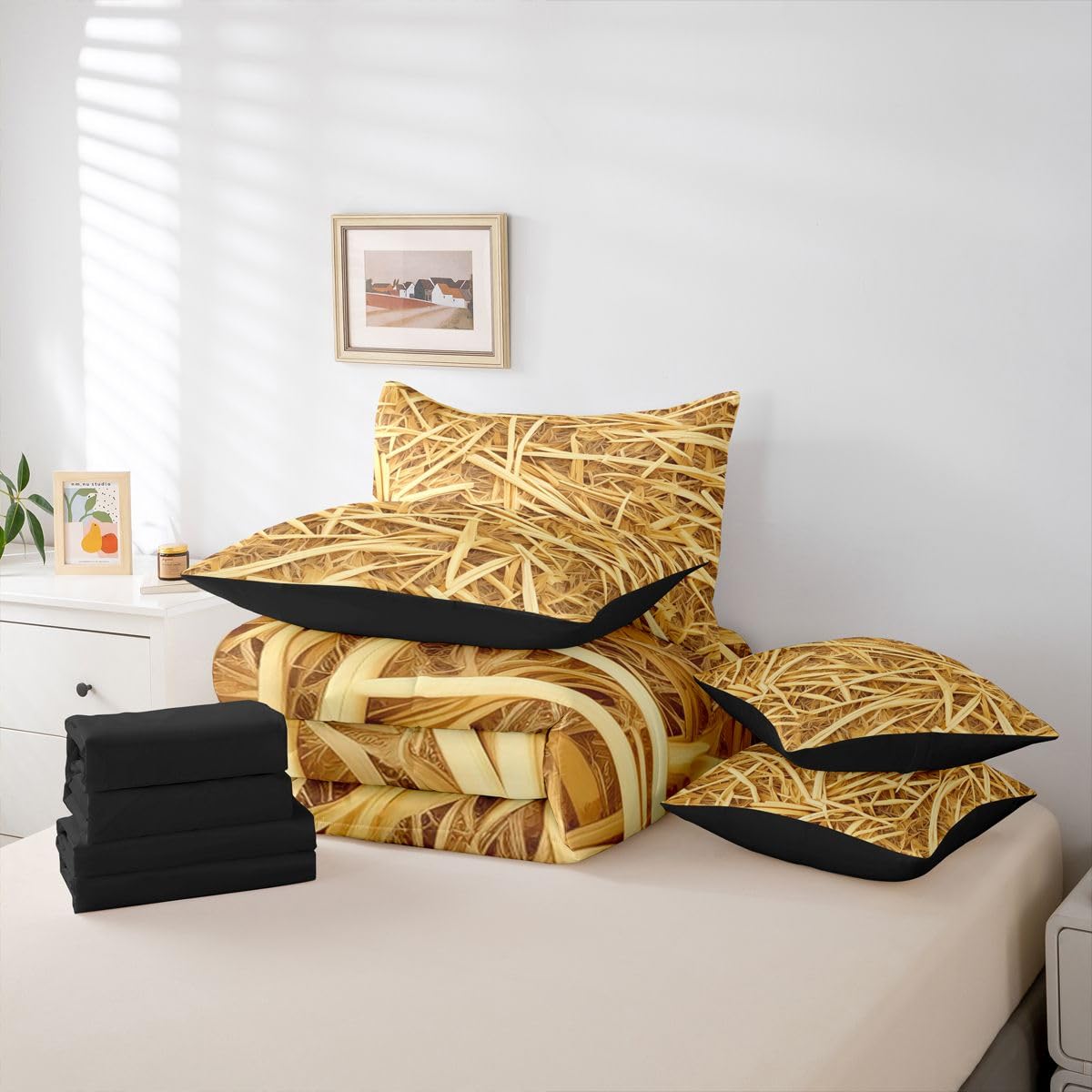 Erosebridal Straw 7 Piece Bedding Set Queen Western Farmhouse Comforter Set with Sheets Cowboy Theme Bed in A Bag Haystack Bed Sets with 2 Pillowcases, 2 Throw Pillow Covers