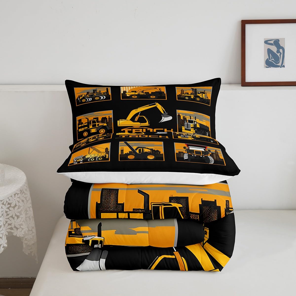 Erosebridal Excavator Comforter Set Queen Tractor Truck Bedding Set Construction Vehicle Down Comforter for Boys Kids Girls Teens Cartoon Heavy Machinery Car Bedding Sets & Collections, Gray Yellow