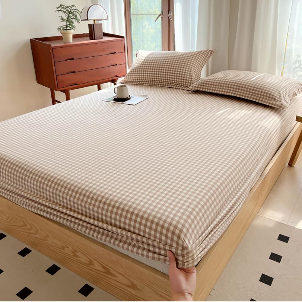 Tan Gingham Fitted Sheet Queen 100% Washed Cotton Taupe Plaid Queen Bed Sheet Grid Single Bottom Sheet with 15" Deep Pocket Gingham Bedding Grid Sheet 1 Piece Cotton Breathable Mattress Cover