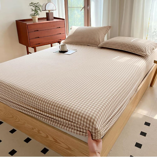Tan Gingham Fitted Sheet Queen 100% Washed Cotton Taupe Plaid Queen Bed Sheet Grid Single Bottom Sheet with 15" Deep Pocket Gingham Bedding Grid Sheet 1 Piece Cotton Breathable Mattress Cover
