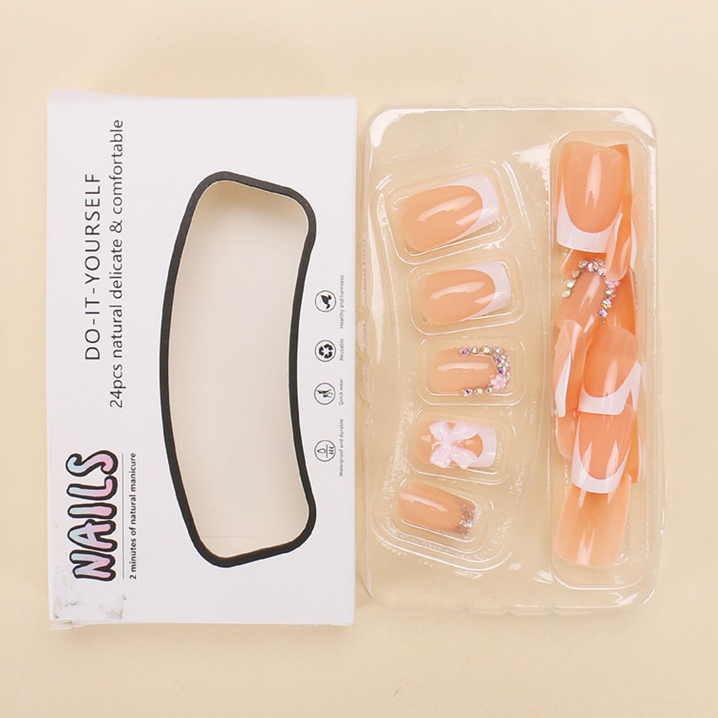 24Pcs French Tip Press on Short Square - 3D Handmade Press on Nails with 3D Flower Bow Rhinestone Charms Design Fake Nails Glitter French Nails Cute Press ons Shiny Bows False Nails for Women