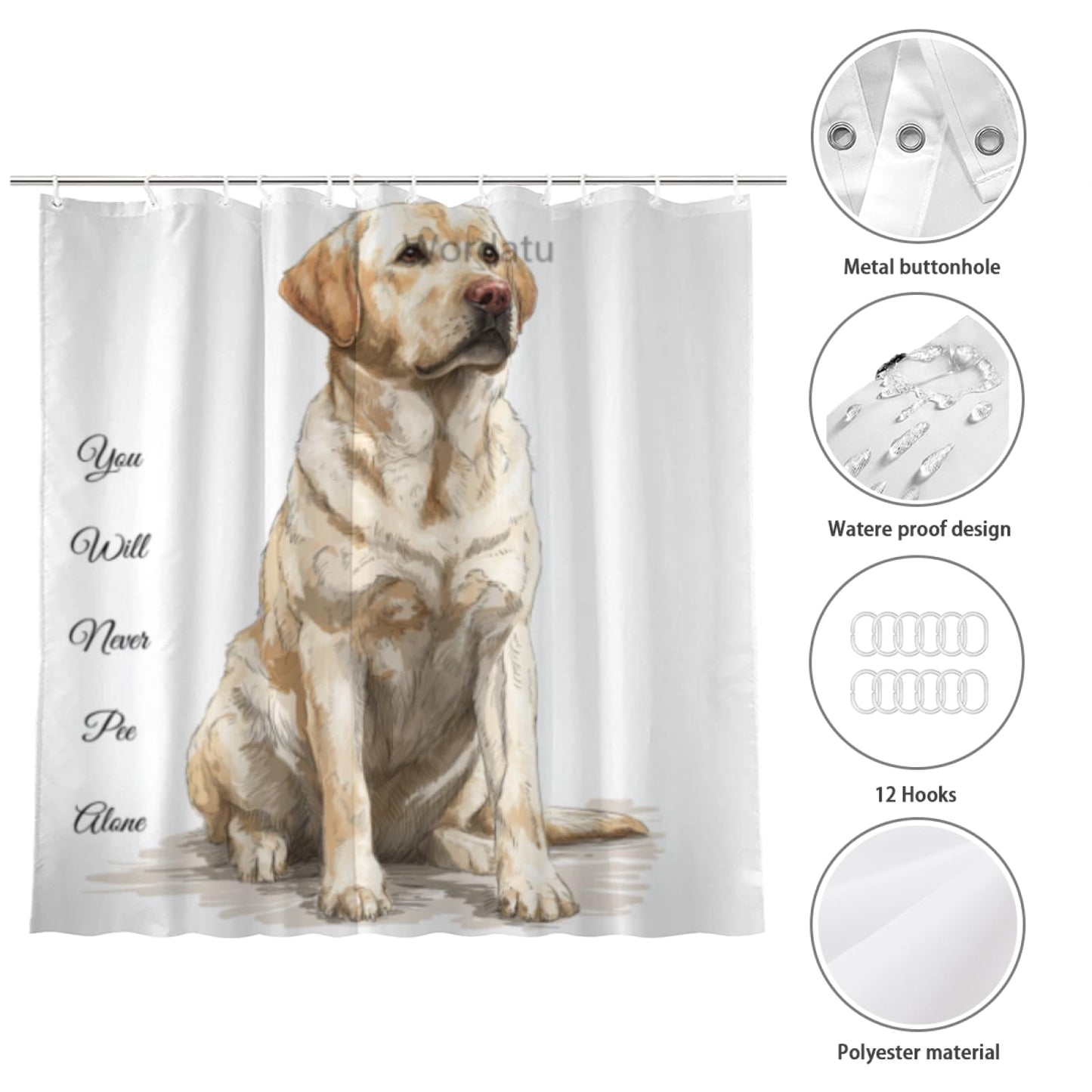 Wordatu Labrador Retriever Shower Curtain You Will Never Pee Alone Decor Fabric Bathroom Curtains, Kids Children Rustic 72x72 with 12 Hooks