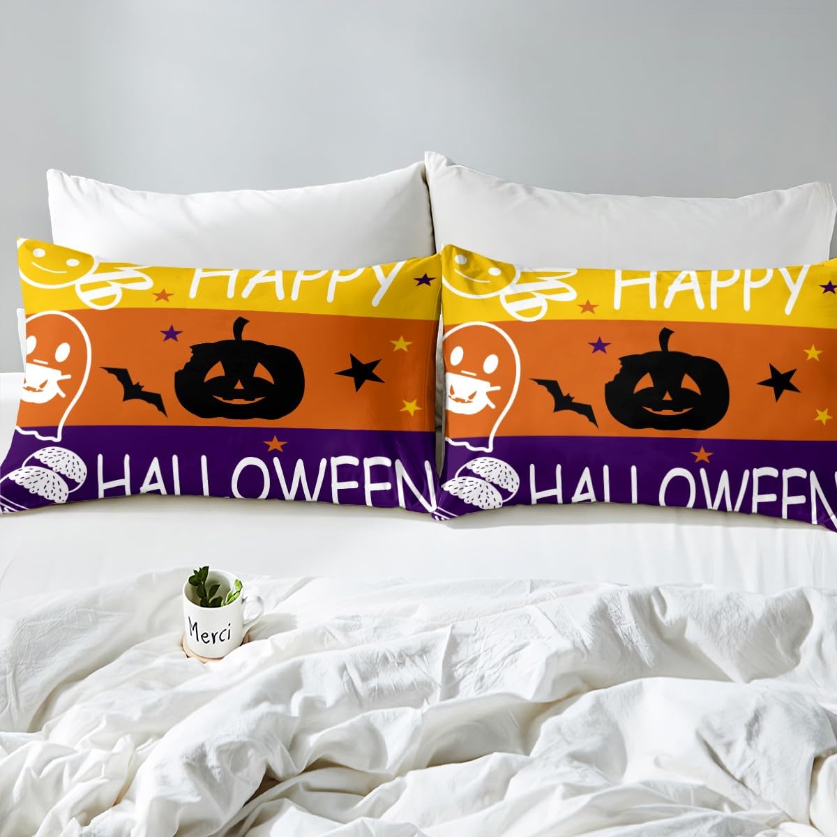 Feelyou Kids Happy Halloween Fitted Sheet Full Size, Pumpkin Bedding Set Horror Decor Bed Sheet Set Boys Girls Halloween Teens Bedroom Decor (2 Pillow Cases and a Fitted Sheet)