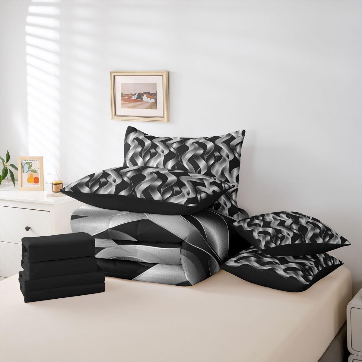 jejeloiu Modern Abstract Geometric Comforter Set with Sheets 7 Piece Full Size Geometric Spiral Pattern Bed in a Bag Kids Boys Girls Black Bedding Set Bedroom Decor Breathable Microfiber