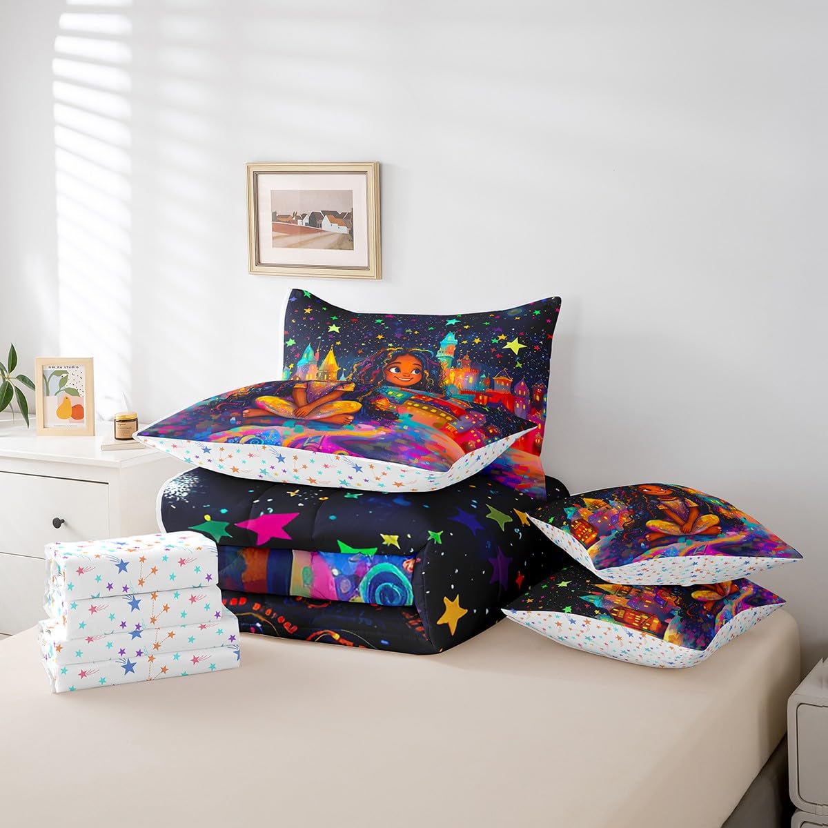 jejeloiu Kids Cute Black Girl Comforter Set 7 Pieces Full Size Castle Star Print Bedding Set African American Girl Bed in a Bag with Comforter, Sheets, Pillowcases & Cushion Covers（No Glitter）