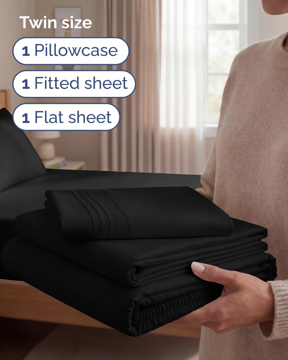Twin Size 3 Piece Sheet Set - Comfy Breathable & Cooling Sheets - Hotel Luxury Bed Sheets for Women & Men - Deep Pockets, Easy-Fit, Extra Soft and Wrinkle Free Sheets - Black Oeko-Tex Bed Sheet Set