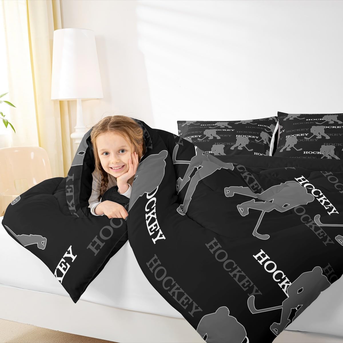 Ice Hockey Kids Bedding Set Queen Size, Comforter Set,Winter Sports Modern Quilt Comforter,Black Gray Bedroom Duvet Insert,2 Pillowcases
