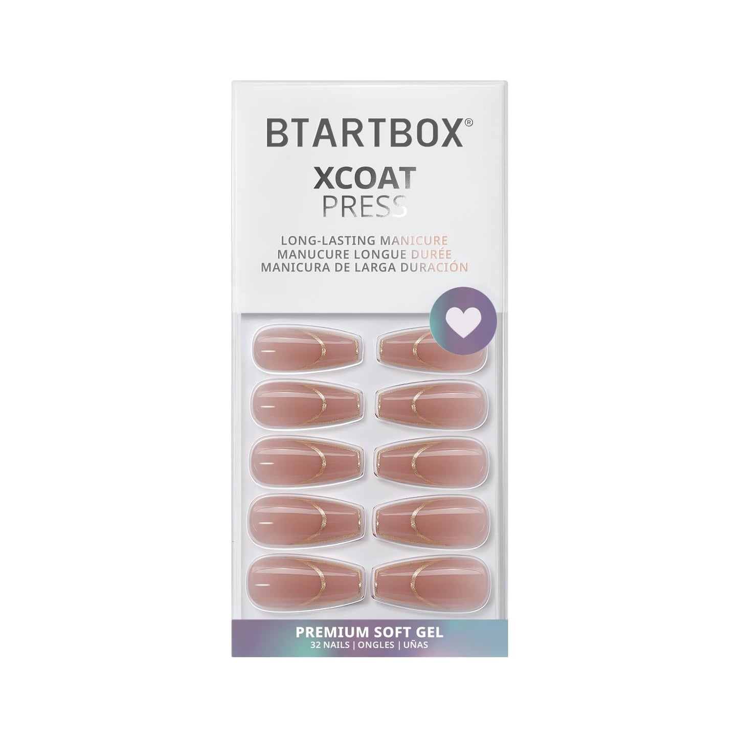 BTArtbox Press on Nails Long - Rose Gold Outline Designed French Tip Press on Nails, Coffin Glue On Nails, Reusable Soft Gel Stick On Nails with Nail Glue in 16 Sizes, Gilded French