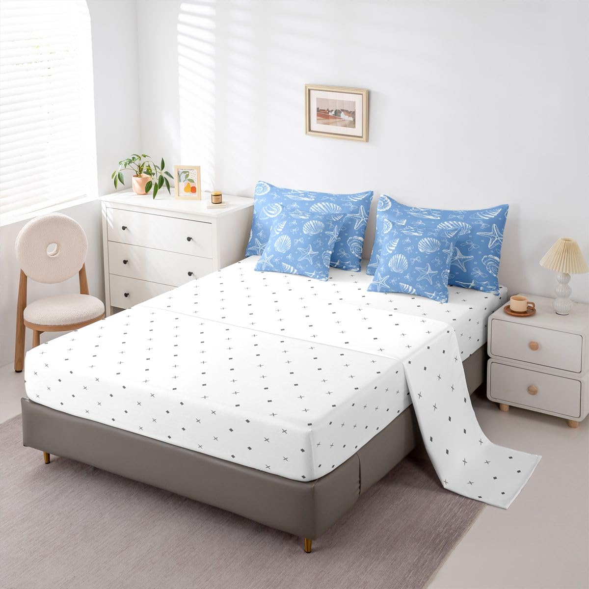 Feelyou Starfish Beach Comforter Set King Size 7 Pieces Blue Bow Shell Bedding Set for Kids Boys Girls Coastal Beach Ocean Bed in a Bag with Comforter, Sheets, Pillowcases, Cushion Covers