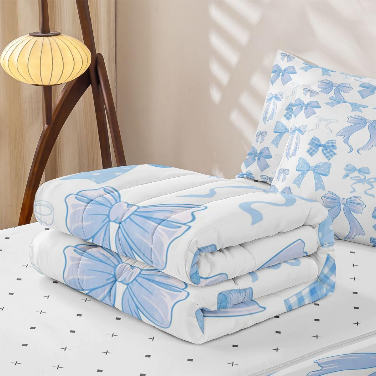 Erosebridal Ribbon Bow Zippered Bedding Set Full Blue Bowknot Comforter Set Coquette Kawaii Checkered Striped Bowtie Bed in a Bag Polka Dots Princess Blue Zipper Quilt Fitted Sheet,2 Pillowcases