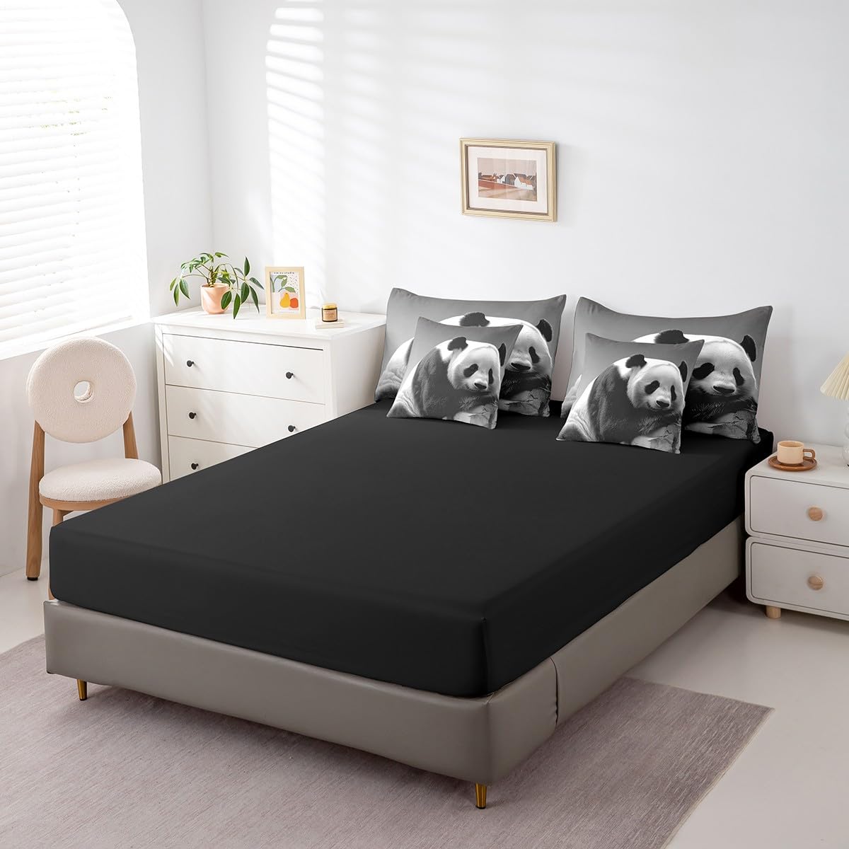Feelyou Kids Cute Panda 7 PCS Comforter Set with Sheets King Size Boys Girls Panda Bed in a Bag Animal Bed in a Bag with Comforter, Sheets, Pillowcases & Cushion Cover
