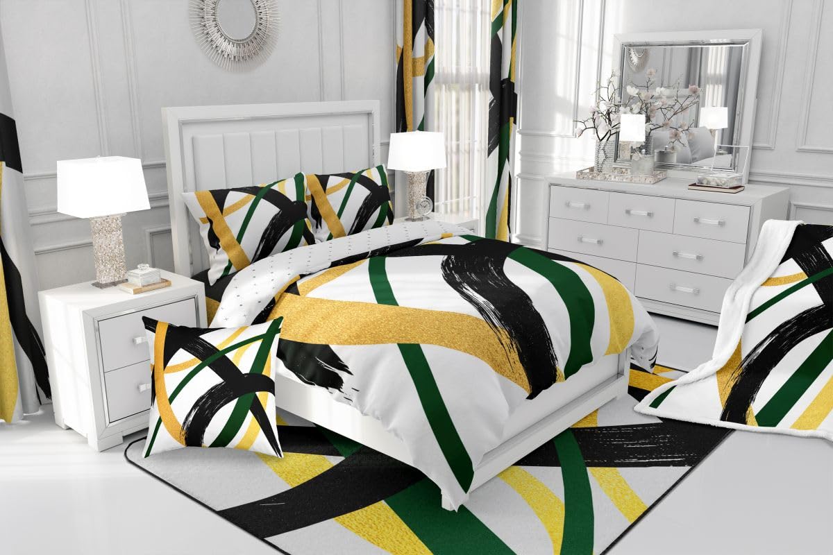 Feelyou Black Gold Green Comforter Set All Season Modern Abstract Geometric Bedding Set with 2 Pillow Cases Minimalist Neutral Microfiber Kids Queen Duvet Quilt Breathable Soft Lightweight