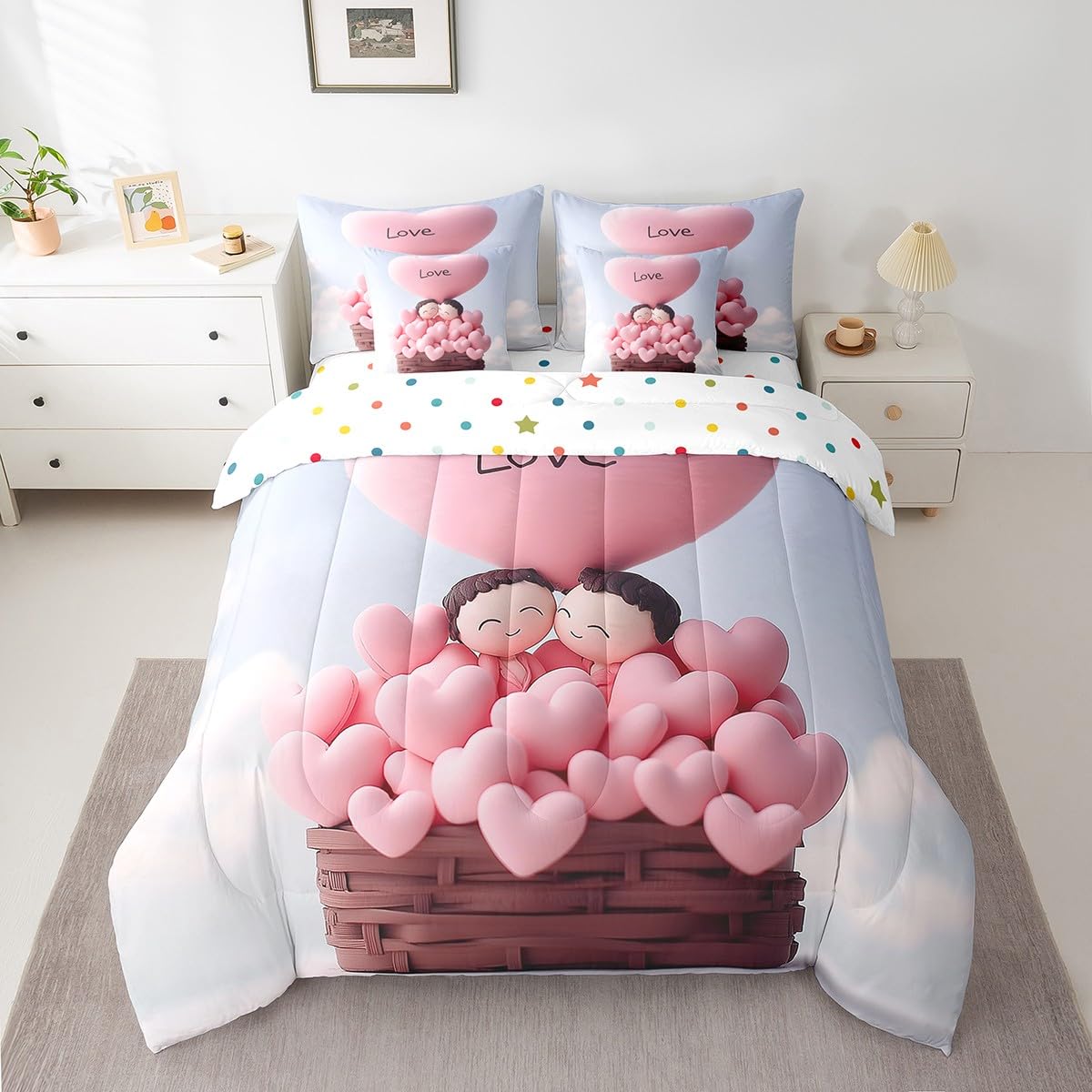 Erosebridal Love Balloon 7 Piece Bedding Set Romantic Valentine's Day Girls Full Comforter Set Cute Couple Doll Bed in A Bag for Teen Adult Women,Pink Hot Air Balloon Bed Set
