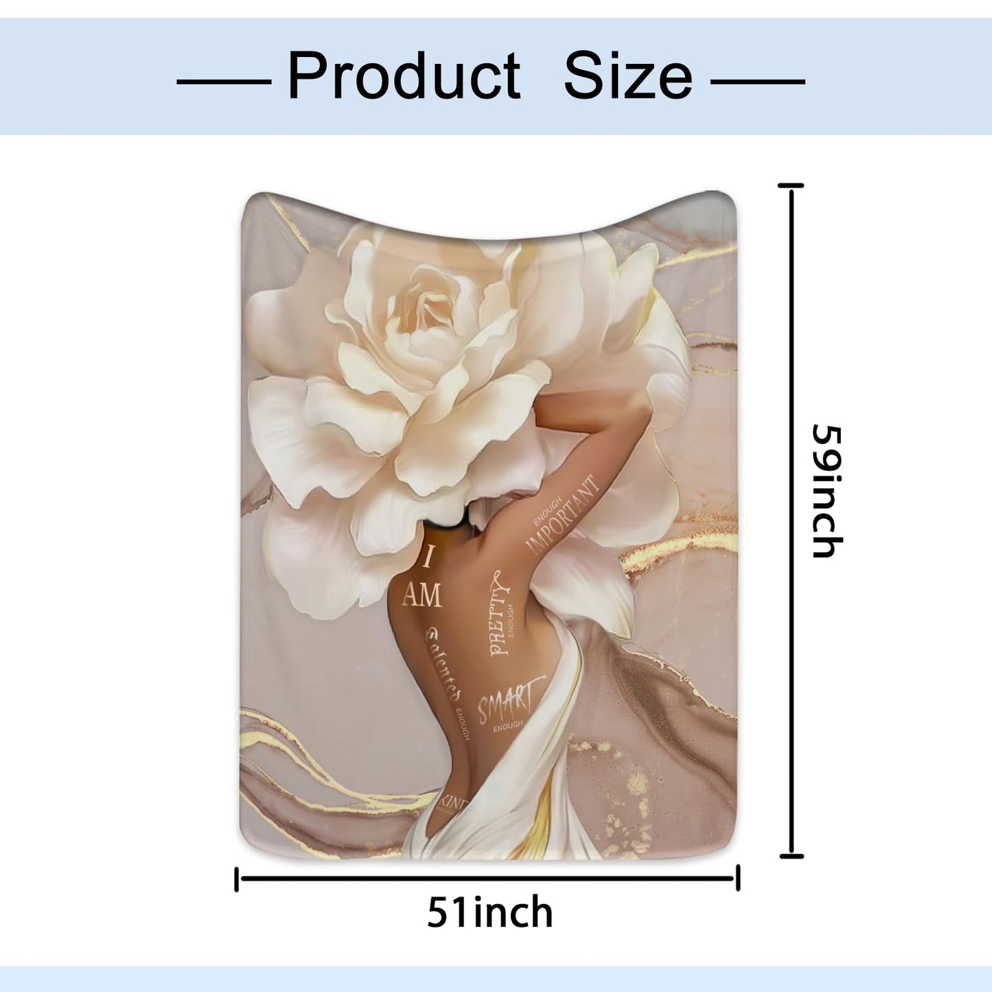 Yookeb African American Flower Throw Blanket Black Girl Woman Sexy Marble Inspirational Motivational Positive Soft Warm Gift Flannel Blanket for Couch Sofa Chair Bed or Dorm, 50 x 60 Inch