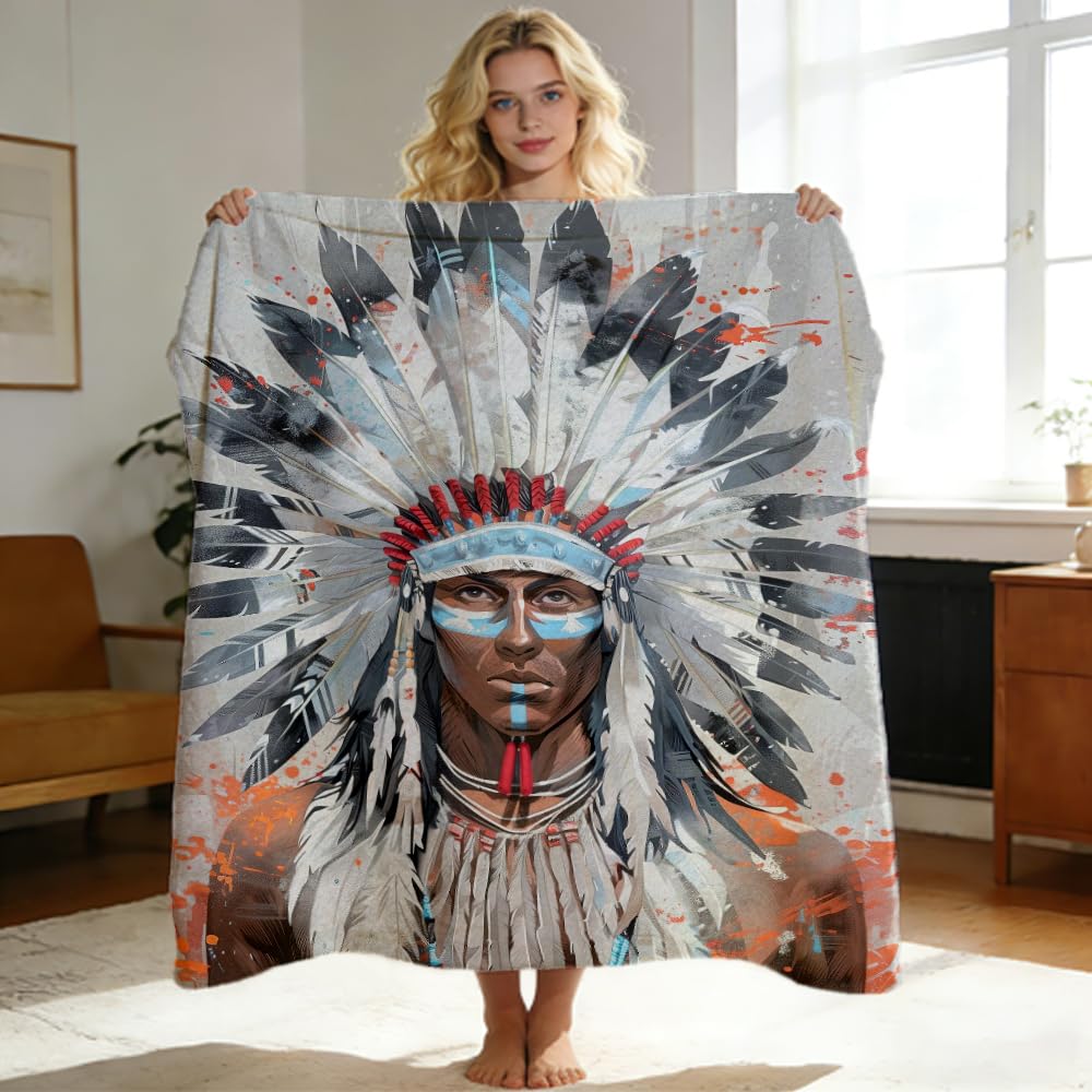 ZHOUSHUTONG Native American Throw Blanket Indian Tribal Chief Print Super Soft Warm Cozy Flannel Blanket for Couch Bedroom Office Southwest Cultural Home Decor Gift 49"x59"