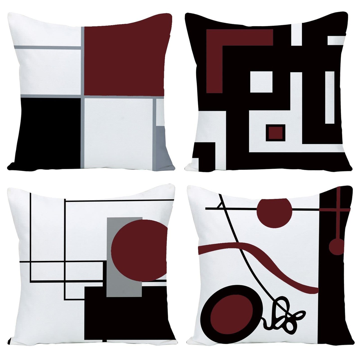 Black Wine Red Geometric Decorative Cushion Pillow Covers Set of 4 20" x 20" Modern Geometric Grey Black and Red Grid Stripe Decor Irregular with Hidden Zipper Home for Couch Bed
