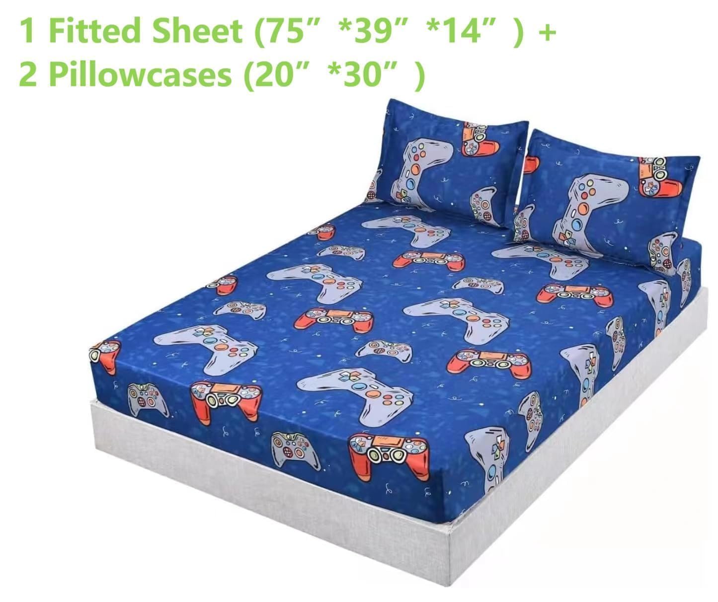 SDIII Blue Gamer Twin Fitted Sheet and 2 Pillowcases, Deep Pocket Soft Microfiber Gaming Bottom Sheet Twin for Kids Boys Girls Teens