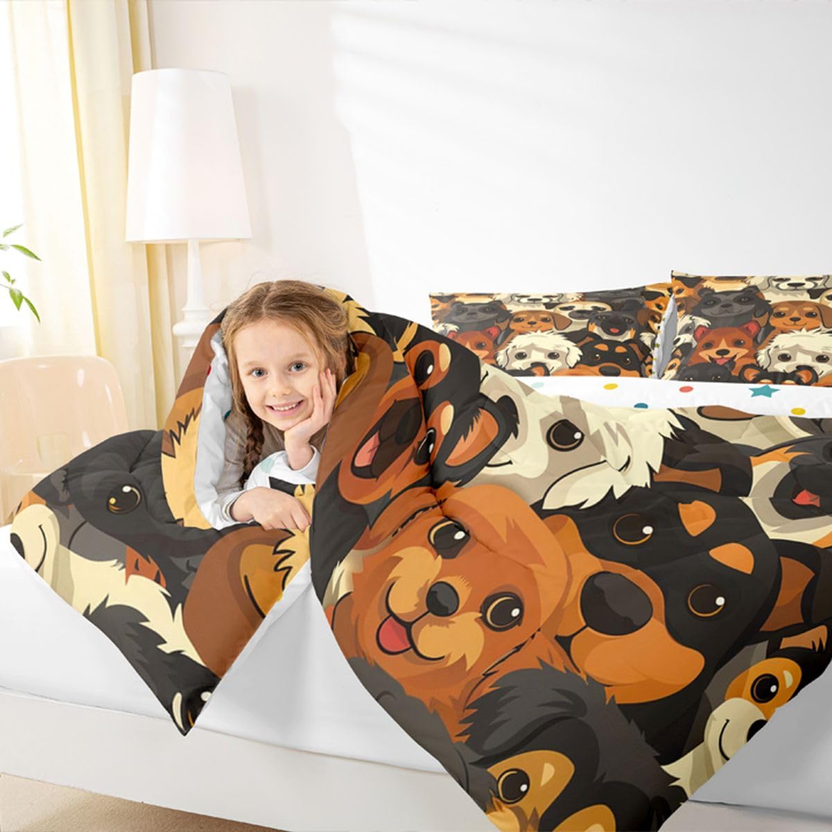 jejeloiu Cute Dog Comforter Set Toddler Size Kawaii Pet Animal Bedding Set for Kids Boys Girls Puppy Duvet Quilt Bedroom Decor Microfiber 2 Pcs with 1 Pillow Cases