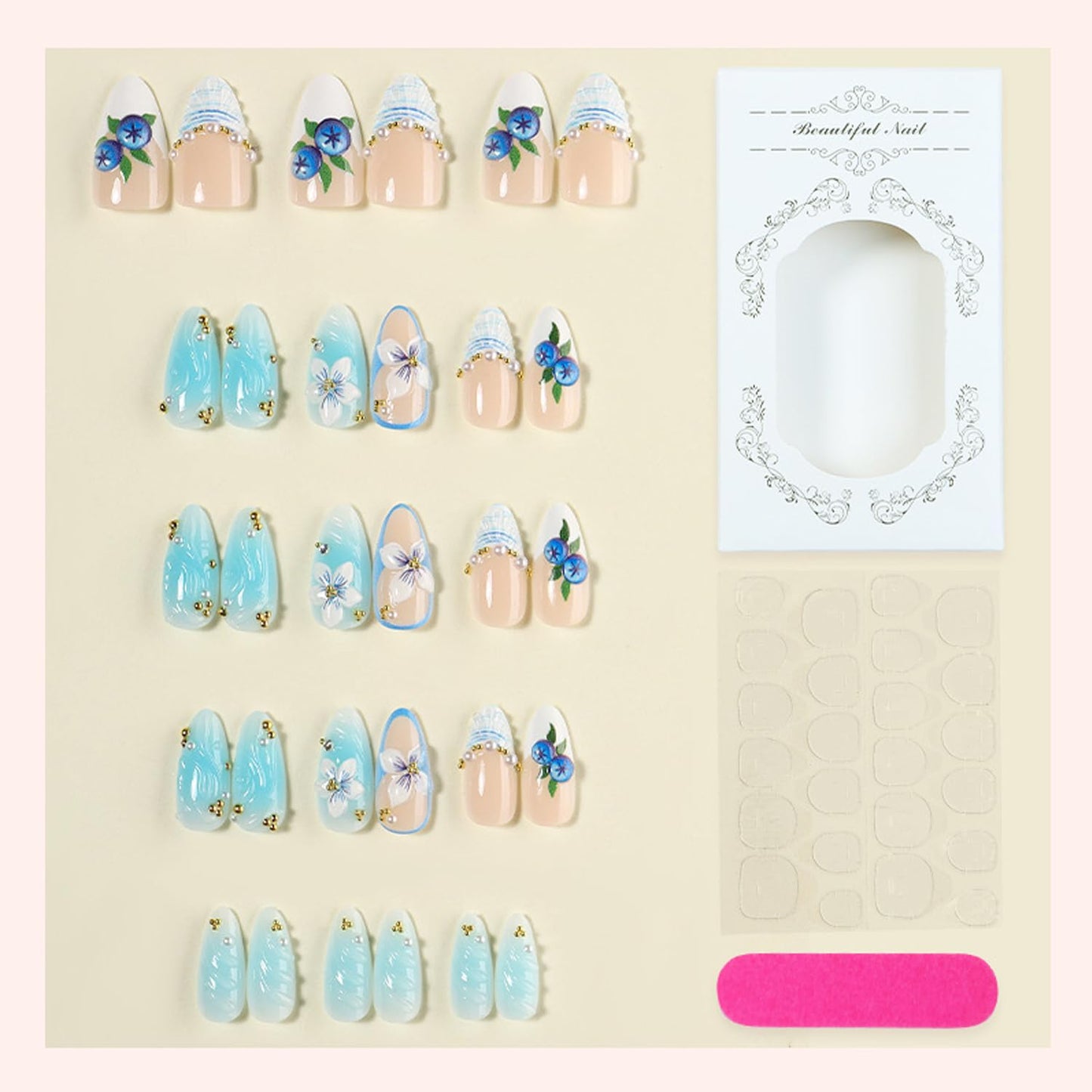 30Pcs Spring Press on Nails Medium Almond French Tip Fake Nails with 3D Rhinestone Pearl Design Blue Gradient False Nails Glossy Full Cover Blueberry Flower Stick on Nail Summer Nails Set for Women