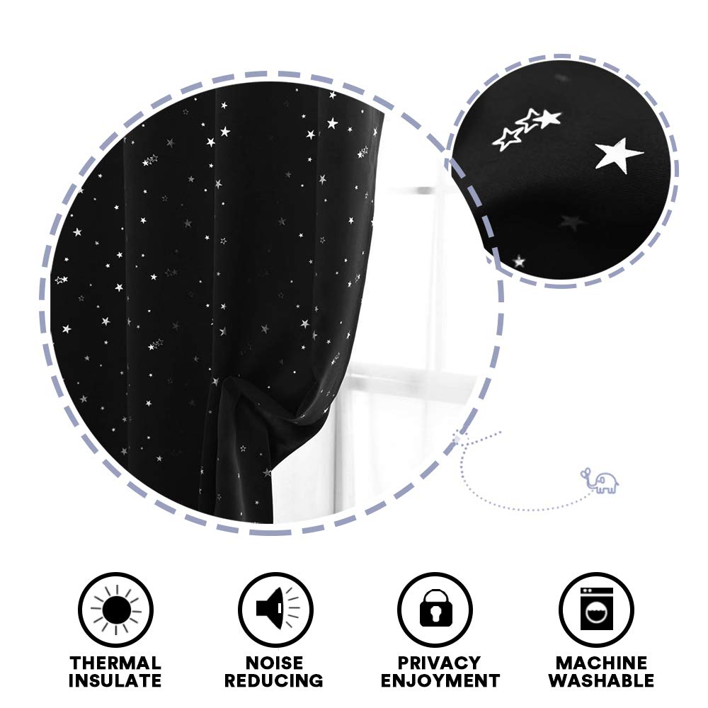 PrinceDeco Blackout Kids Curtains for Bedroom Thermal Insulated Silver Twinkle Star Curtains for Boys Antique Grommet Top Window Treatment 2 Panels Drape for Nursery (52" W x 84" L, Black/Silver)